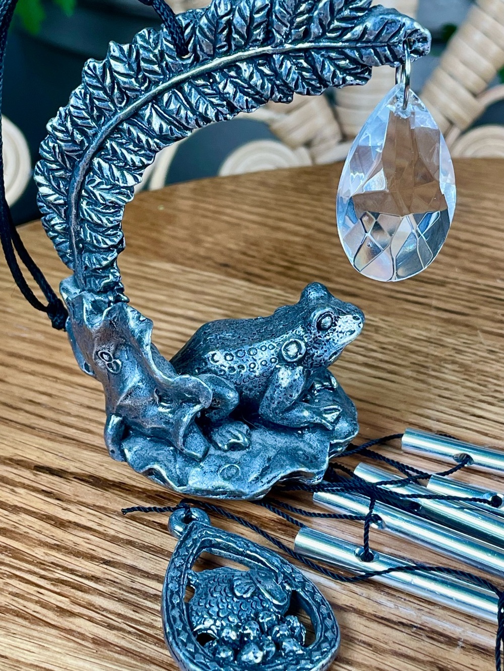 Decorative Metal Frog Wind Chime with Crystal Accent - Silver